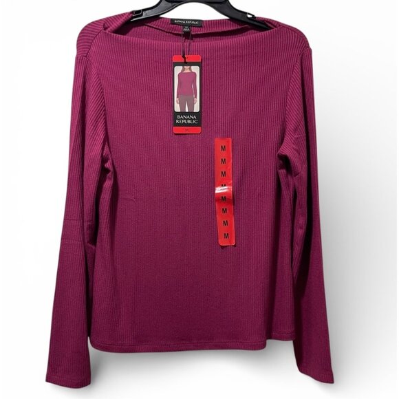 Banana Republic Womens Medium Ribbed Knit Top Red Long Sleeve Boat Neck NWT - Picture 2 of 12